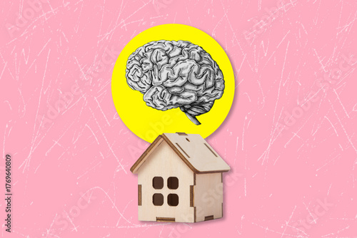 A contemporary art collage on the theme of smart home. High-tech housing