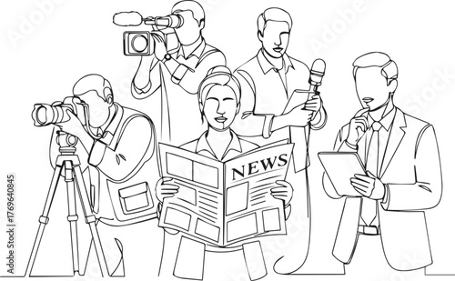 Continuous line drawing of a group of reporters and media crew with cameras and microphones.