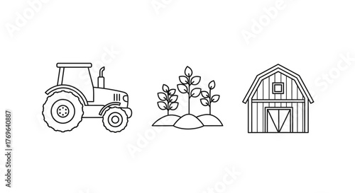 Simple line art depicts a tractor, budding plants, and a barn