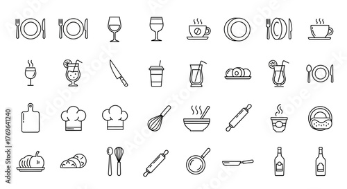 Collection of line art icons depicting food, drinks, and kitchen utensils