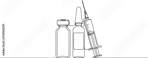 Medical syringe and vials line art on white background