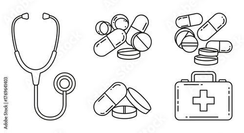 Medical icons featuring a stethoscope, pills, and a first aid kit
