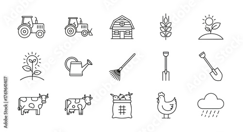 A collection of line art icons depicting farming and agricultural elements