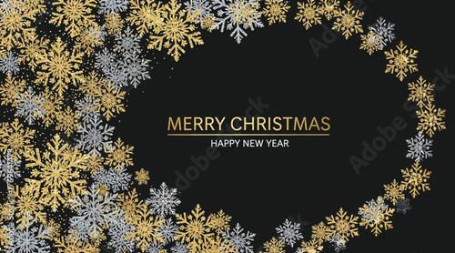 Elegant christmas background with gold and silver snowflakes and merry christmas and happy new year text, perfect for festive designs and holiday greetings
