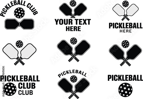 Pickleball club logos, paddle and ball icons, black and white sports emblems for branding, merchandise, and design use, flat vector illustration