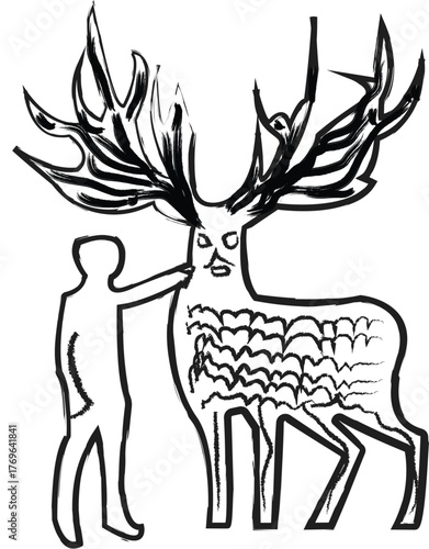 Mythological Rough Sketch of a Human and a Giant Stag with Enormous Antlers Black and White