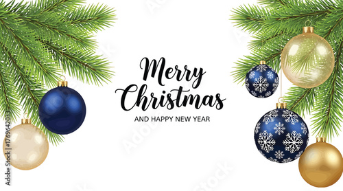 Elegant christmas background with fir branches, gold and blue baubles, and the message merry christmas and happy new year