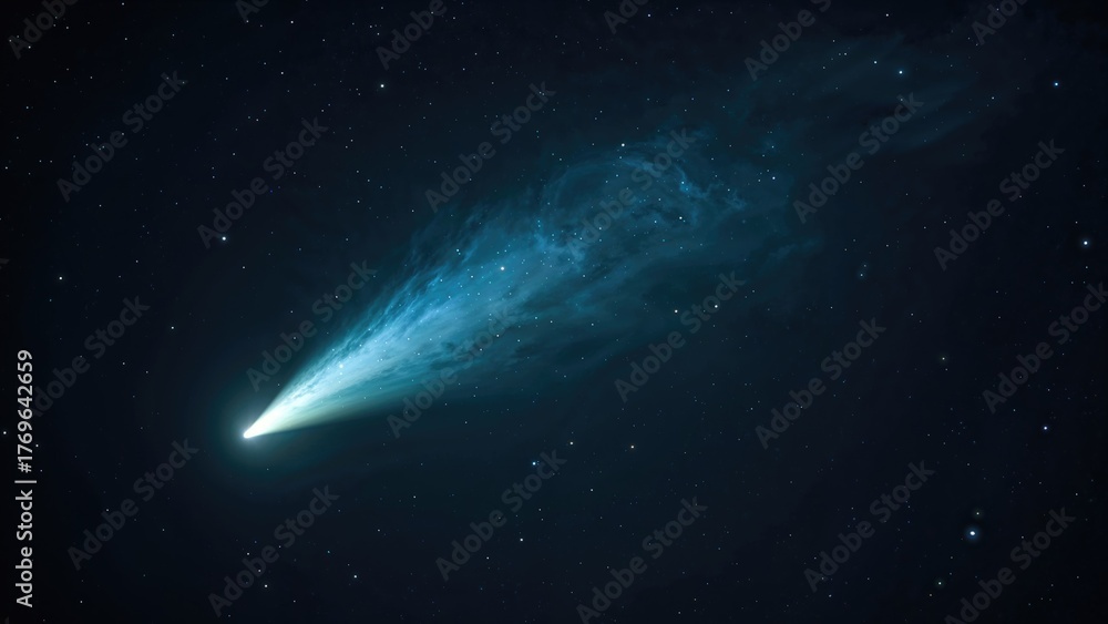 Naklejka premium Falling comet with glowing tail, astronomical object, bright celestial body against a starry night sky.