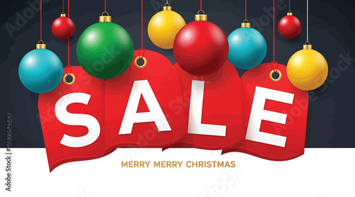 Festive christmas sale banner with hanging baubles and red tags displaying the word sale and the message merry merry christmas