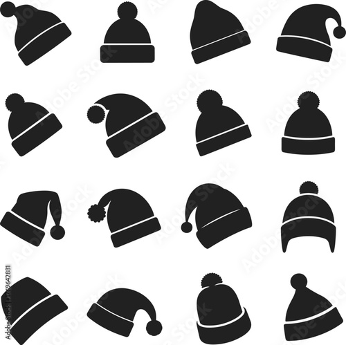 Winter hat silhouettes, beanies, pom-poms, knit caps, seasonal headwear, cold weather fashion, flat vector illustration, black icons, cozy style