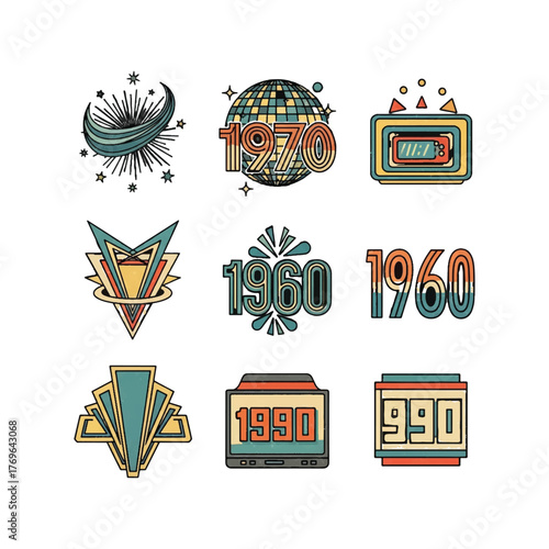 Retro vintage design elements of 1960s 1970s and 1990s style