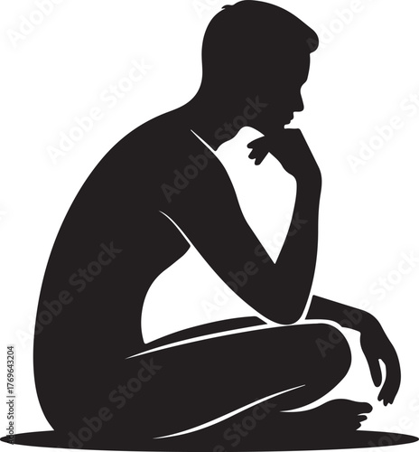 Black silhouette of a man sitting with hand on chin white vector illustration EPS file download.
