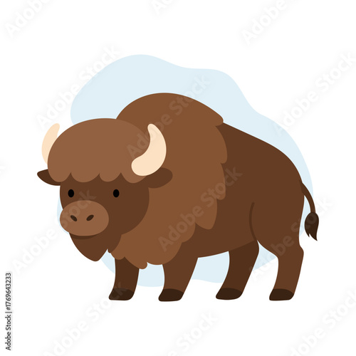 calm bison with curved horns in lush environment, vector image showcasing serene bison with sturdy coat and elegant horns standing in grassy landscape for educational