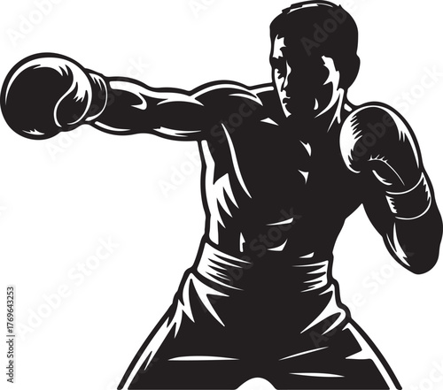 Black silhouette of a boxer throwing a punch boxing fighting vector illustration EPS file download.
