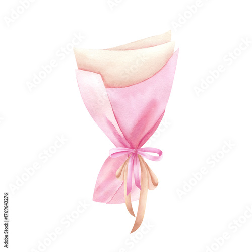 Decorative paper packaging for flower bouquet with tied satin bow, ribbon. Watercolor blank empty clip art. Pink Beige open festive package. Illustration isolated from background. Hand drawn art.