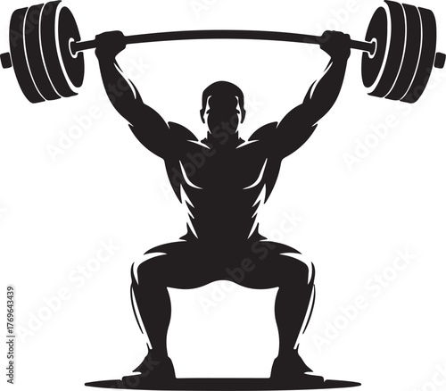 Silhouette of a muscular man lifting a heavy barbell overhead weightlifting strength vector illustration EPS file download.
