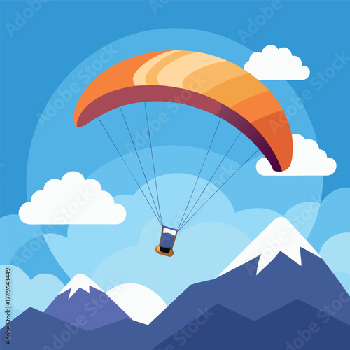Paragliding illustration over mountains with blue sky and clouds.