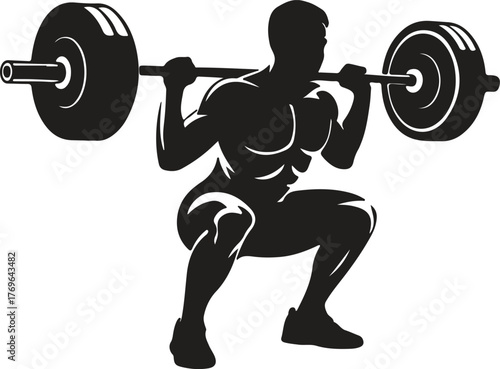 Silhouette of muscular man performing barbell squat exercise vector