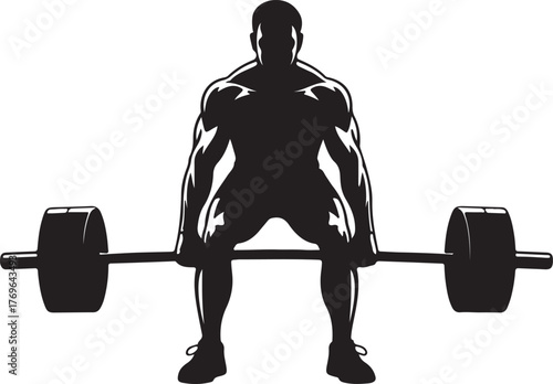 Silhouette of muscular man lifting barbell in weightlifting stance vector illustration EPS file download.
