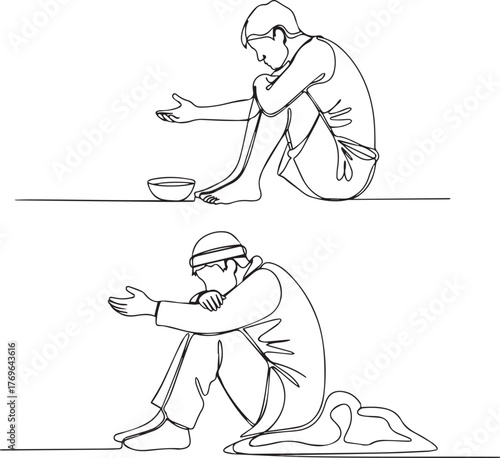 Continuous line drawing of two beggars asking for help. Poverty and homelessness vector art.