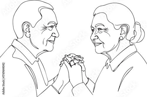Continuous lineart of an elderly couple holding hands and gazing.  love 
