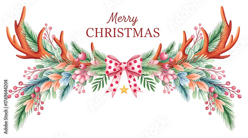 A decorative christmas arrangement featuring antlers, pine branches, berries, and a pink polka dot bow with a gold star, with the words merry christmas above