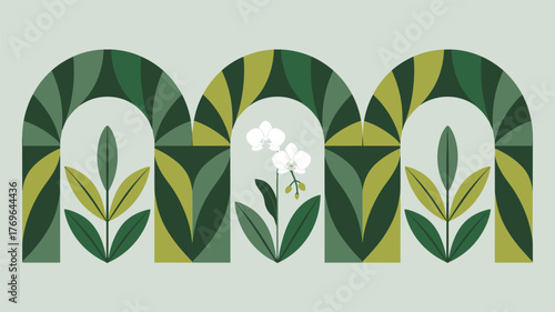 Abstract Archway with Blooming Orchid and Leafy Greenery Design