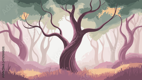 Enchanting Forest Landscape with Mystical Trees and Soft Hues