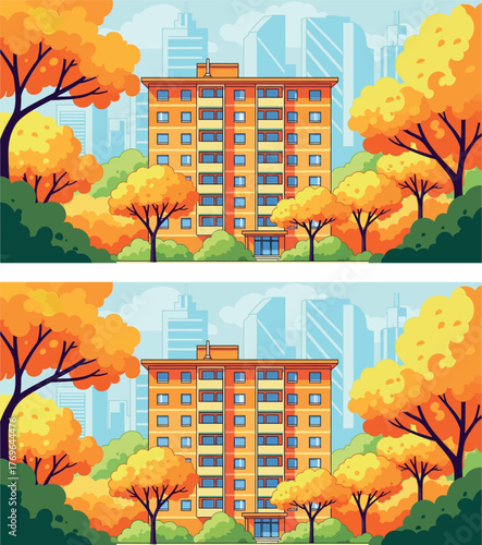 Apartment Building Amidst Autumn Foliage A Vector Illustration in Flat Style