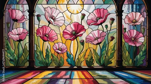 Vibrant Stained Glass Window Art with Blooming Poppies and Colorful Floor