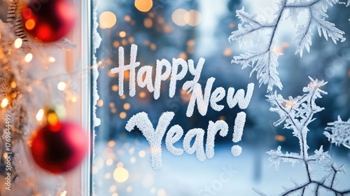 Festive winter greeting with frosted happy new year message on glass window