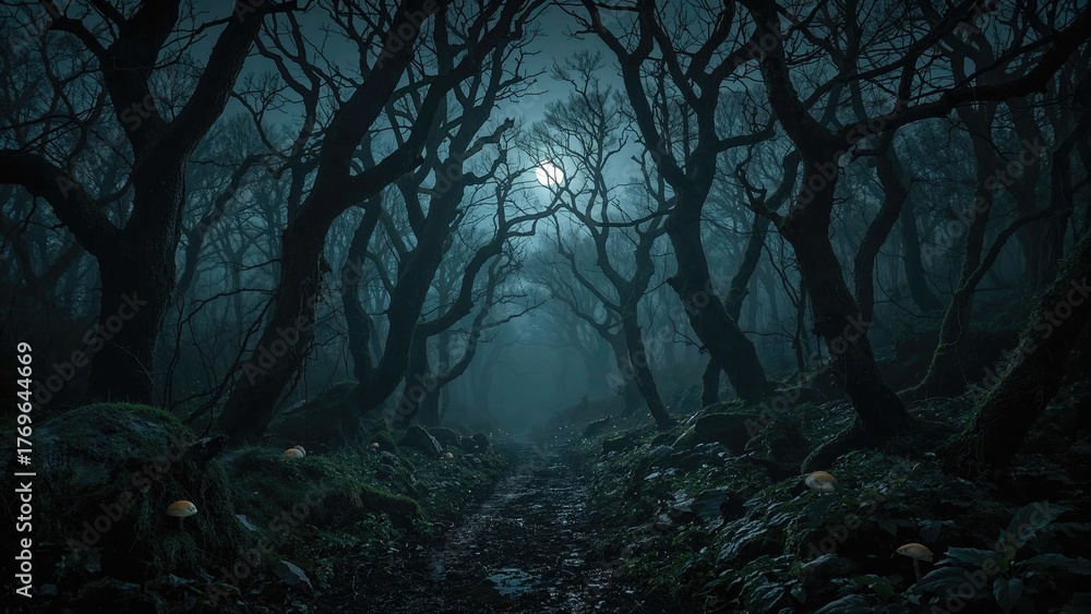 Obraz premium Light in dark eerie forest with moonlight shining through twisted trees and dense foliage. Mysterious and spooky atmosphere.
