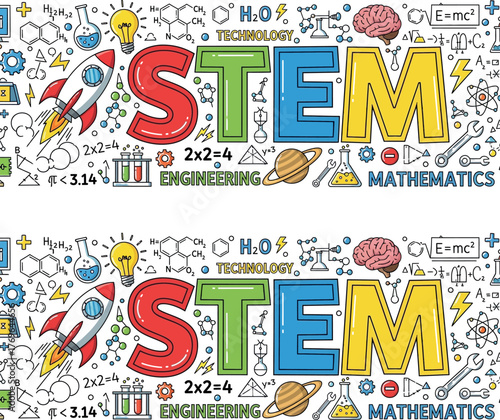 Educational STEM Concept Rocket, Science, Mathematics, Technology, and Engineering Illustrations