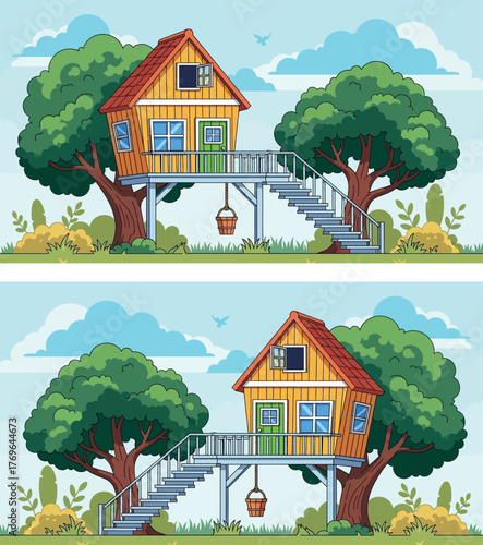 Cartoon summer cottage surrounded by trees and nature in a rural landscape