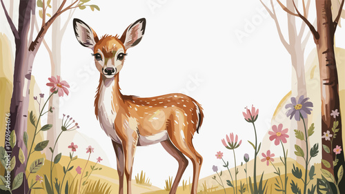 Adorable fawn standing in a meadow surrounded by flowers and trees, watercolor art