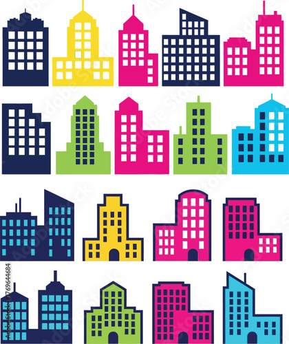 Colorful Flat Vector Illustrations of Various Building Structures and Cityscapes