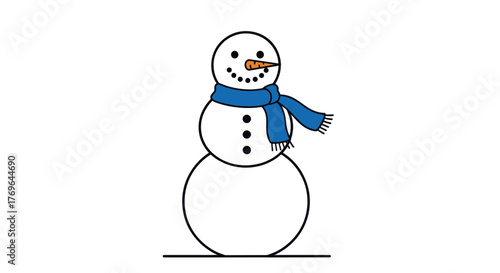 Cute snowman with carrot nose and blue scarf, symbolizing winter, holidays, and Christmas spirit. Colored vector illustration, isolated on a transparent background