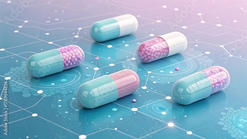 Innovative Pharmaceutical Capsules on Digital Background Futuristic Medical Treatment with Gradient Capsules Displayed on High-Tech Circuitry Surface