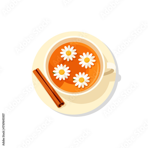 Flat Vector Illustration of Herbal Chamomile Tea with Teapot and Cinnamon – Cozy Autumn Drink Concept
