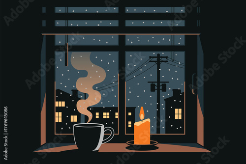 Cozy evening at home sipping a warm drink by candlelight while snow falls softly outside — intimate winter interior scene for peaceful seasonal living and hygge lifestyle storytelling.