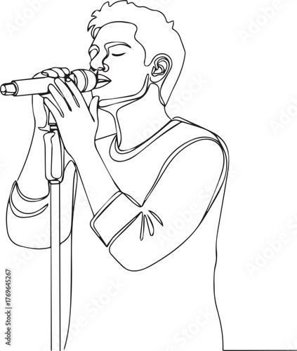 Continuous single line drawing of a male singer performing into a microphone on a stand.
