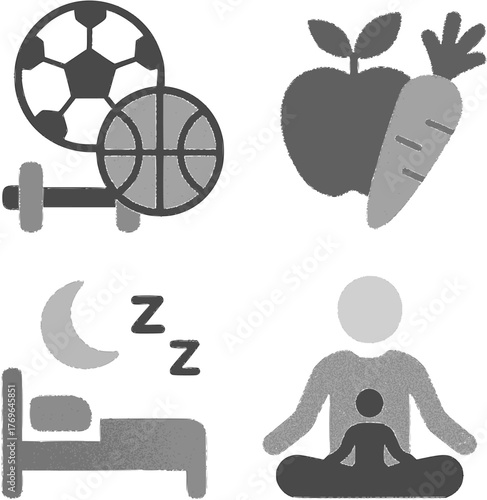 Flat icons representing sport, healthy food, sleep, and meditation