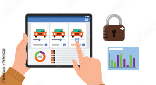 Person Configuring Vehicle Features on Tablet for Enhanced Security, Modern Automotive Technology, Mobile App Interface for Car Customization, Digital Car Management, Secure Online Access, Analyzing D