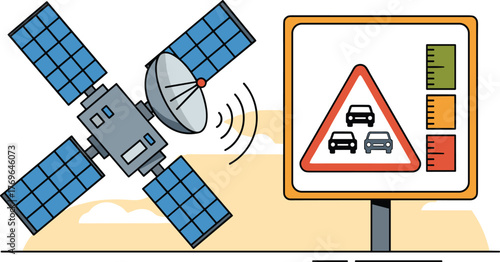 Traffic Monitoring Satellite Transmitting Data to Smart City Sign About Congestion Levels, Aiding Modern Urban Planning with Real-Time Updates & Predictive Analytics for Efficient Routing, Innovative