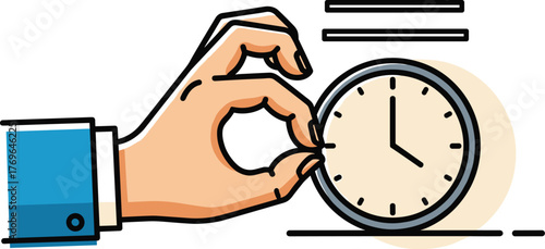 Hand Adjusting Clock for Time Management in a Modern Office Setting Illustration, Emphasizing Deadlines and Efficiency for Business Productivity. Promoting Punctuality, Scheduling, and Task Completion