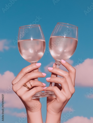 Two hands with pink manicured nails hold glasses of rosé against a dreamy blue sky. Feminine and playful outdoor toast scene.
