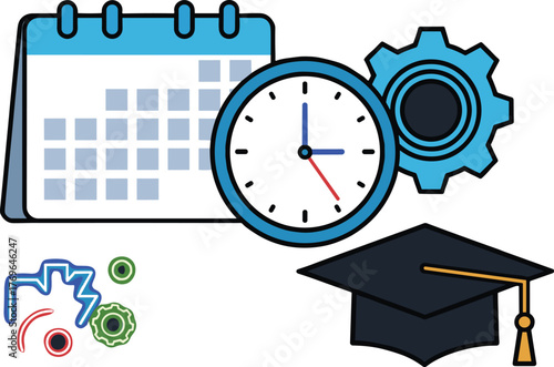 Educational Planning and Academic Schedule Management Illustration:  A Concept for Course Timetables, Curriculum Design, and Skills Development with Clock, Calendar, Gear, Mortarboard Cap for School P
