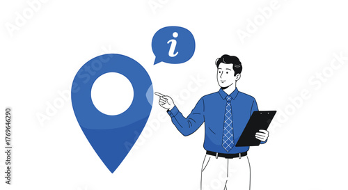 Professional Man Presenting Location Information Pointing at Map Pin with Speech Bubble Illustration on White Background for Business Solutions, Marketing, and Presentation, Demonstrating Direction an