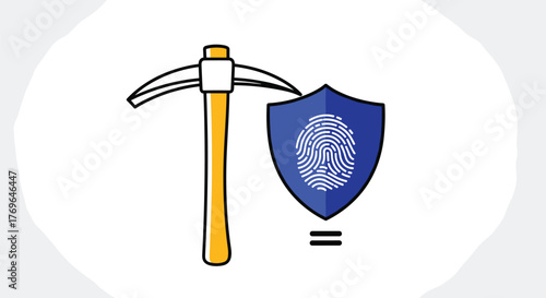 Data Mining Security Illustration of a Pickaxe beside a Shield with Fingerprint for Cybersecurity Solutions. Protecting Digital Assets from Information Theft in Tech Business or Technology Presentatio