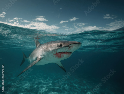 Dynamic Shark Action: Two Great White Sharks Swimming in the Ocean.